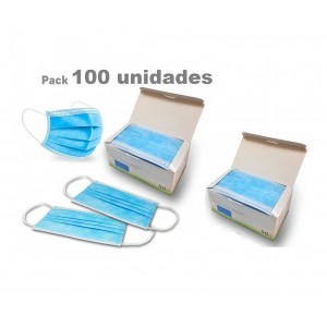 Pack de 100 mascarillas quirúrgicas desechables. Mascarillas de tres capas, disponibles en distintos formatos de packs: 50 y 100